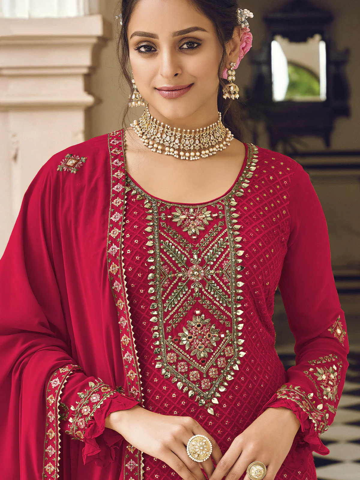 Odette Women Pink Sequence Embroidered Georgette Salwar Semi Stitched Suit - Image 2