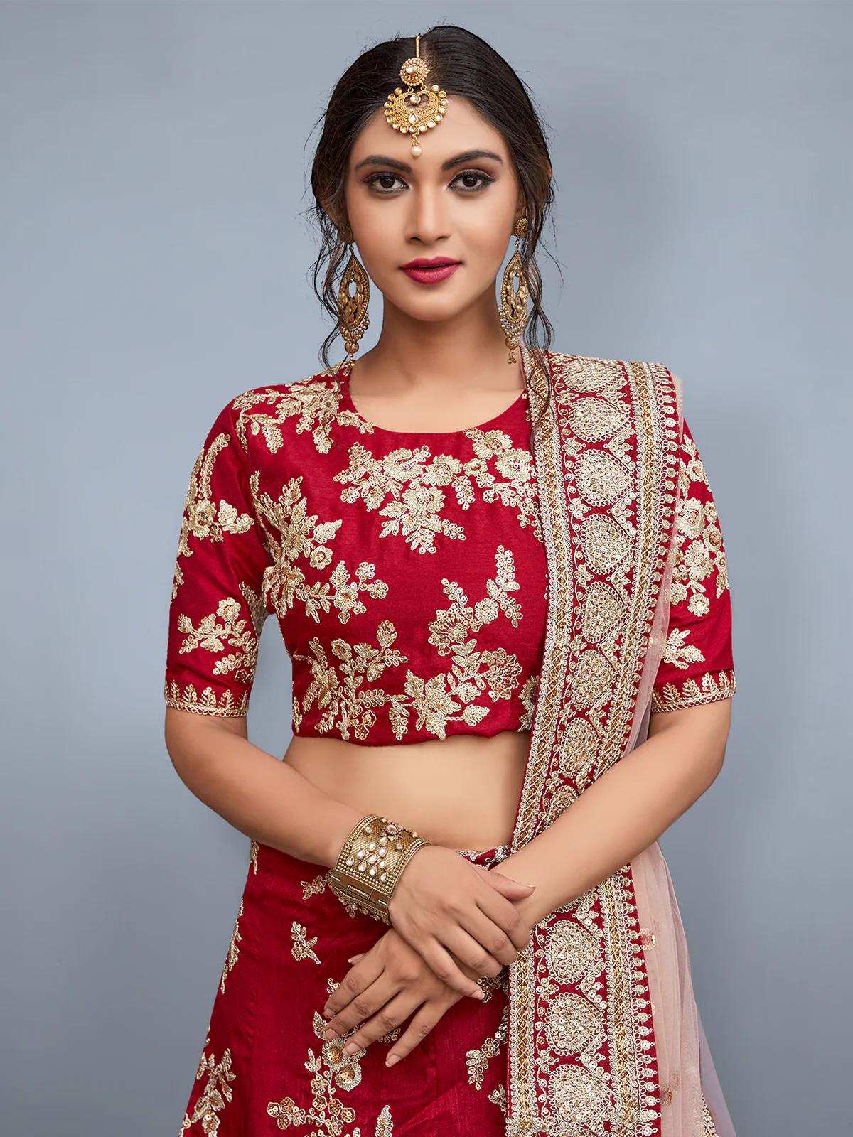Odette Women Red Embroidered Semi Stitched Lehenga With Unstitched Blouse - Image 2