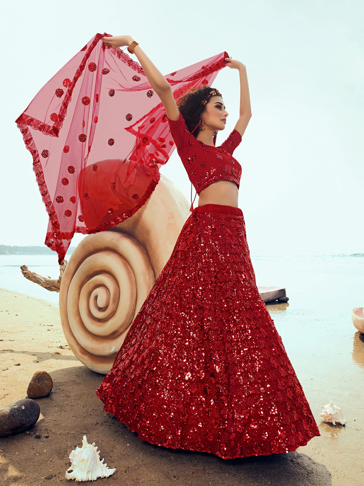Odette Women Red Soft Net Sequins Semi Stitched Lehenga With Unstitched Blouse - Image 3