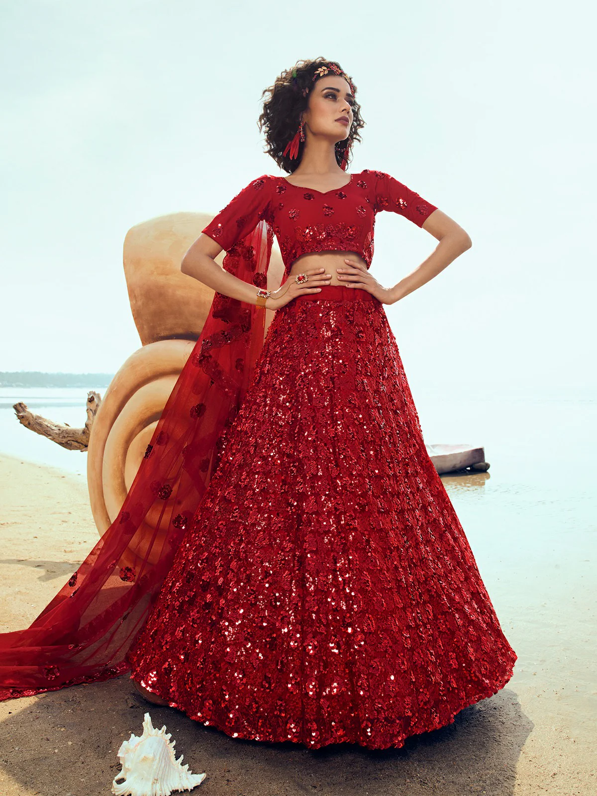 Odette Women Red Soft Net Sequins Semi Stitched Lehenga With Unstitched Blouse - Image 4