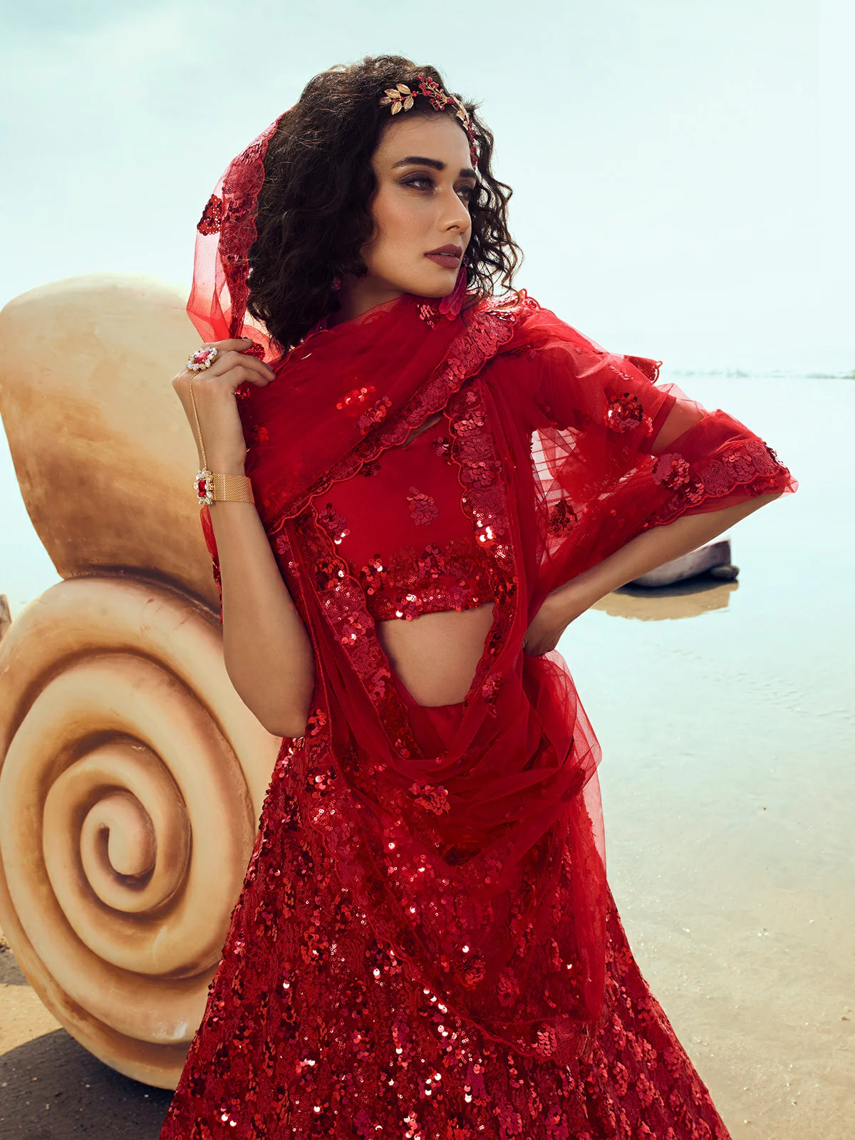 Odette Women Red Soft Net Sequins Semi Stitched Lehenga With Unstitched Blouse - Image 5