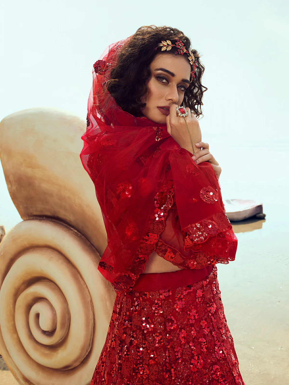Odette Women Red Soft Net Sequins Semi Stitched Lehenga With Unstitched Blouse - Image 6