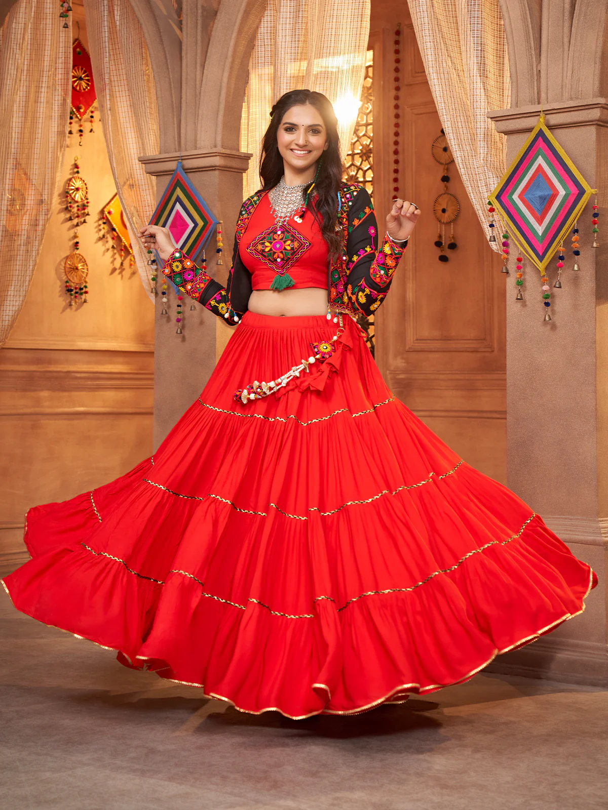 Odette Red Viscose Rayon Embroidered Stitched Lehenga Choli For Women - Image 2