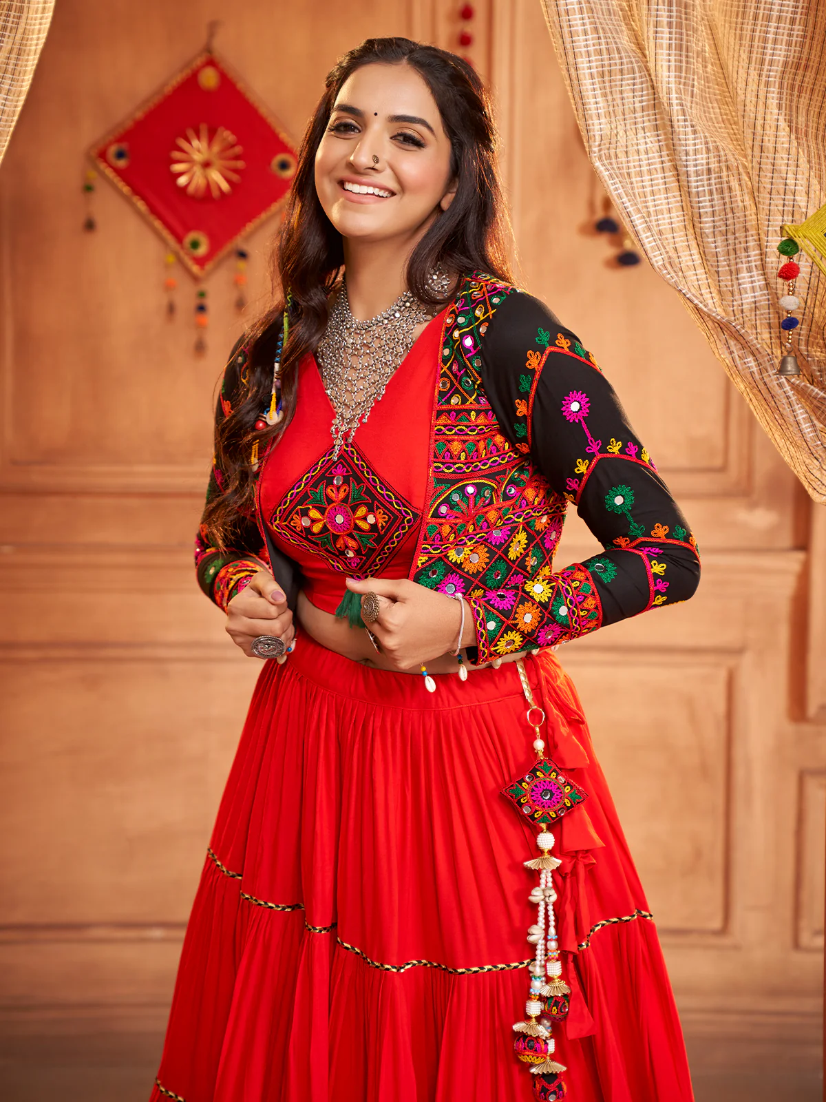 Odette Red Viscose Rayon Embroidered Stitched Lehenga Choli For Women - Image 4