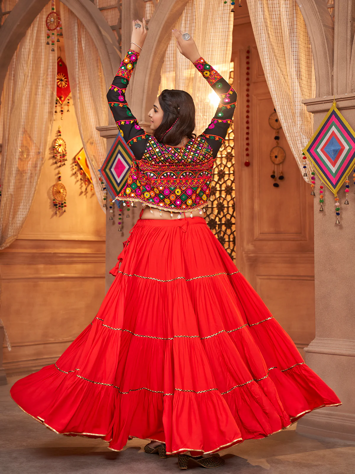 Odette Red Viscose Rayon Embroidered Stitched Lehenga Choli For Women - Image 5