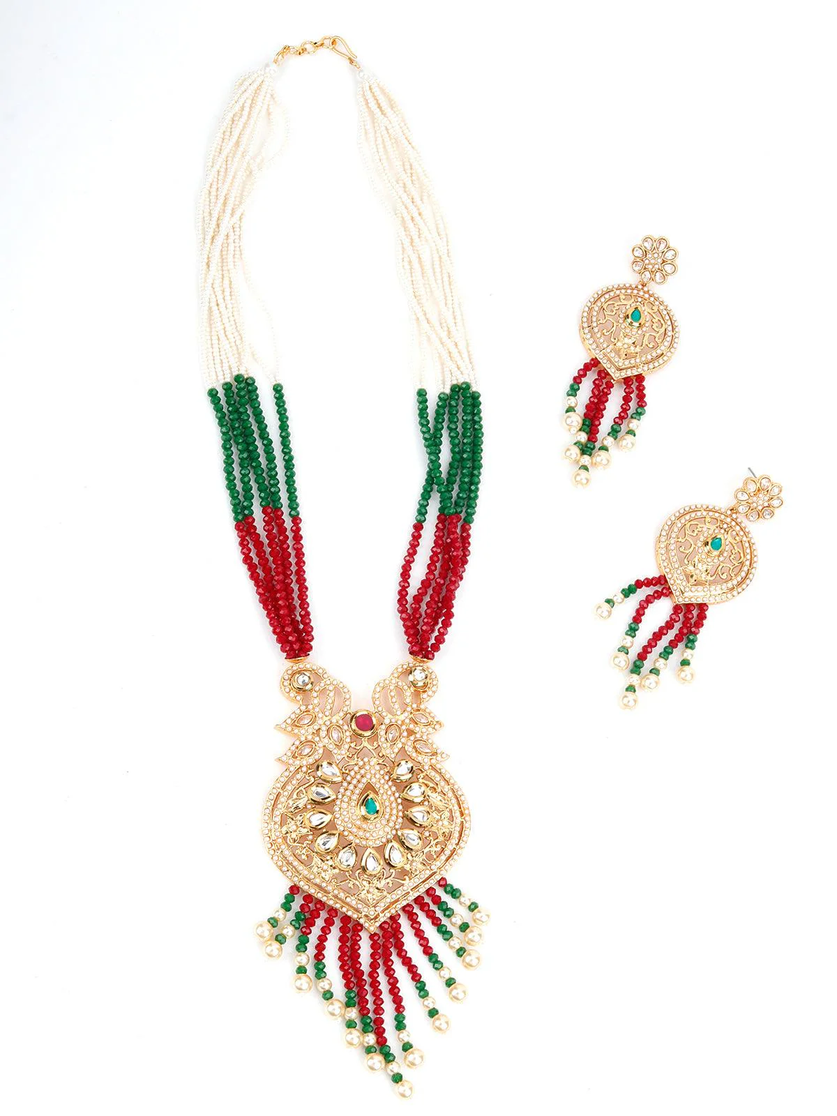 Odette Women Red, White And Green Multi-Layered Traditional Chain - Image 3