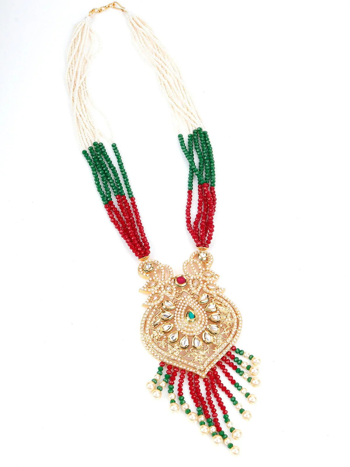 Odette Women Red, White And Green Multi-Layered Traditional Chain - Image 4