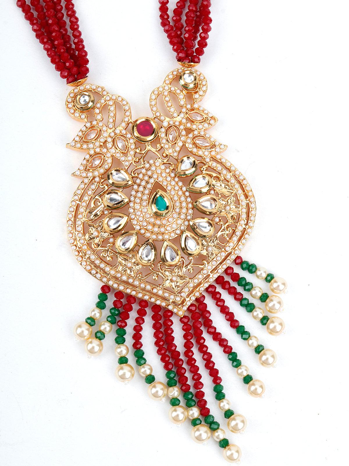 Odette Women Red, White And Green Multi-Layered Traditional Chain - Image 5