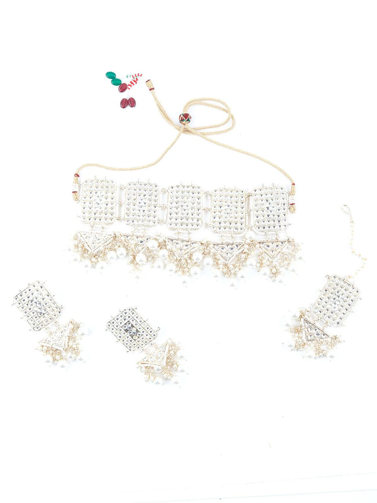 Odette Women Roop White Kundan Style Choker Necklace Set - Image 3