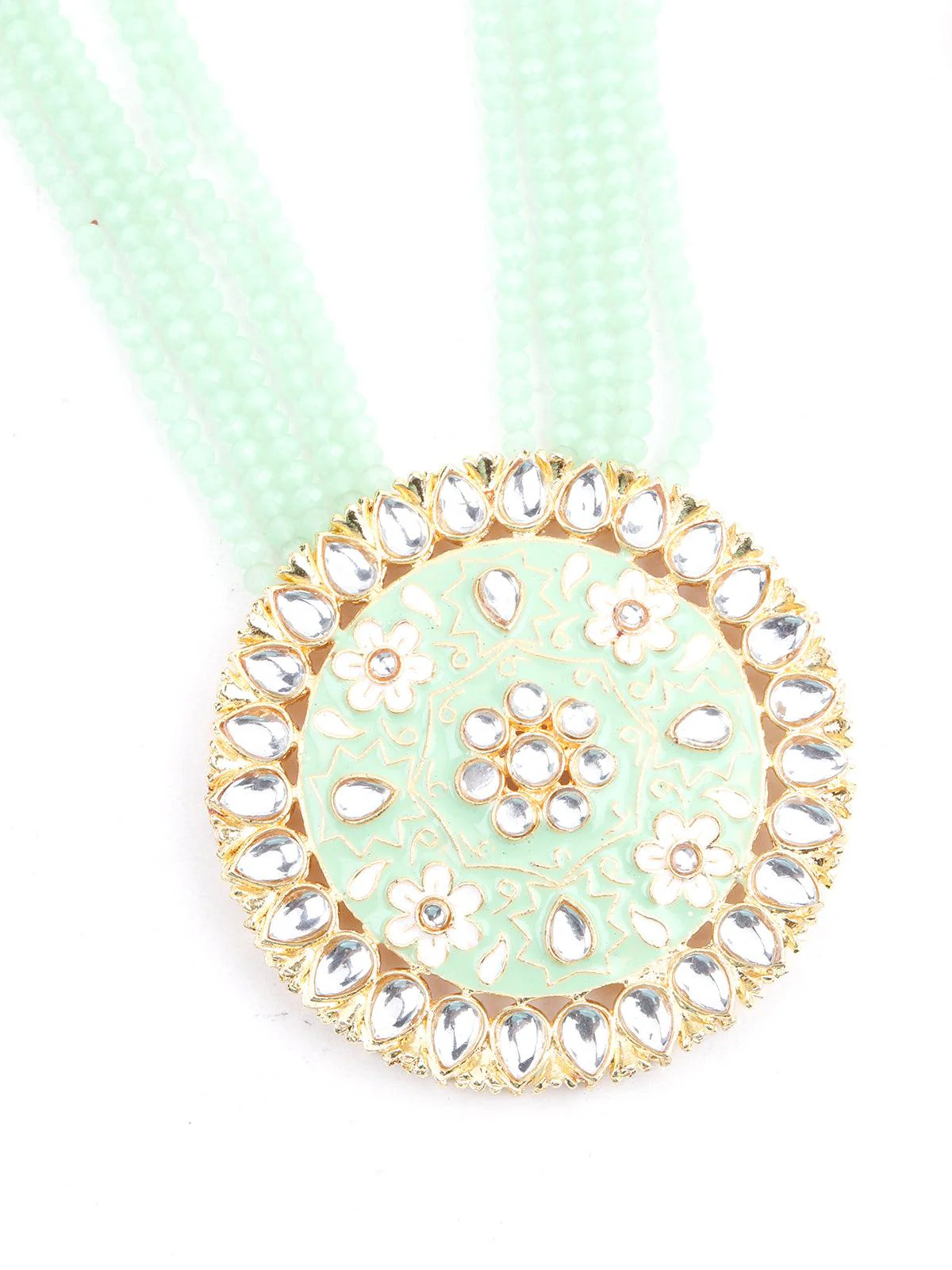 Odette Women Round Green And White Kundan Jewellery Set - Image 4