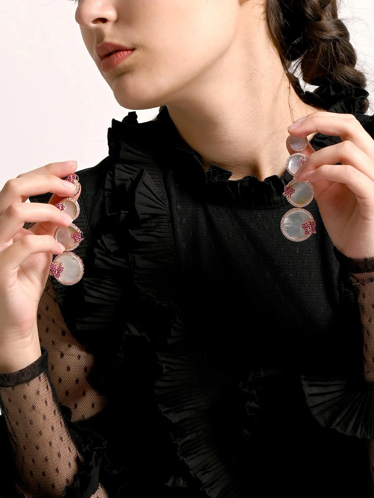 Odette Women Round Rhinestone Pink Butterfly Earrings - Image 2