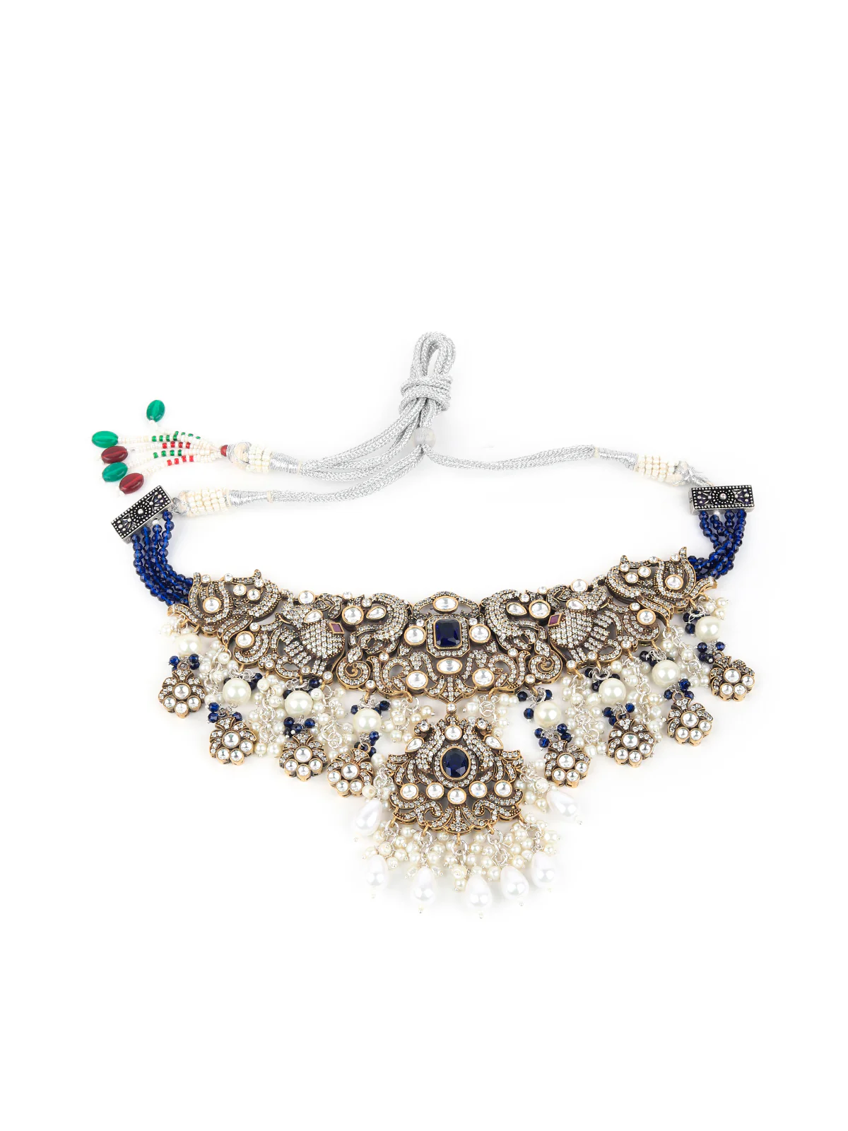 Odette Women Royal Blue And White Heavy Bridal Necklace Set With Statement Earrings - Image 3