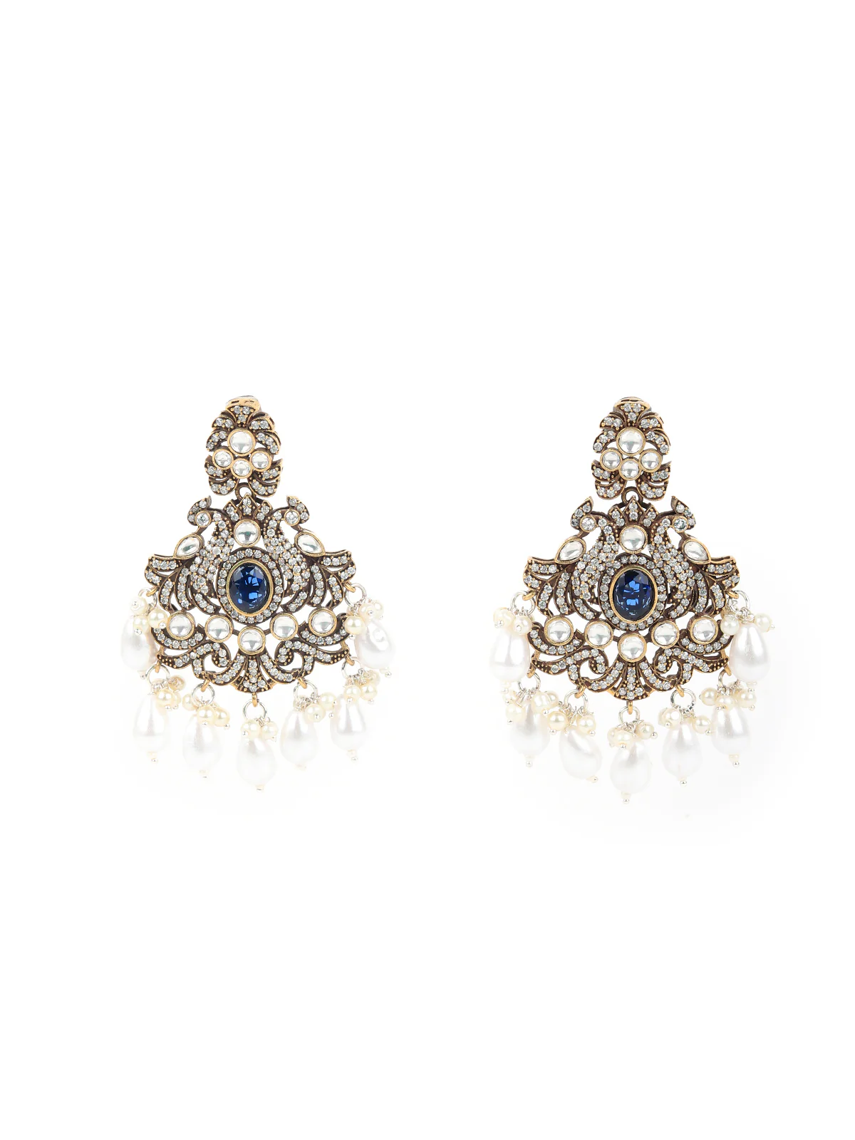 Odette Women Royal Blue And White Heavy Bridal Necklace Set With Statement Earrings - Image 5