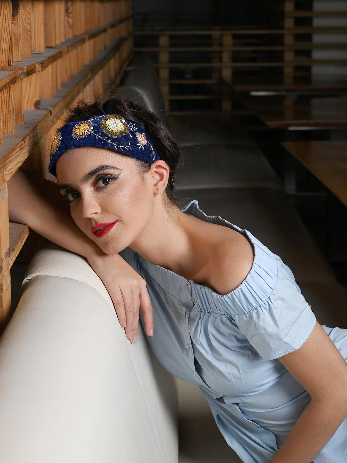 Odette Women Royal Blue Velvet Hairband With Tickles And Rhinestones - Image 2