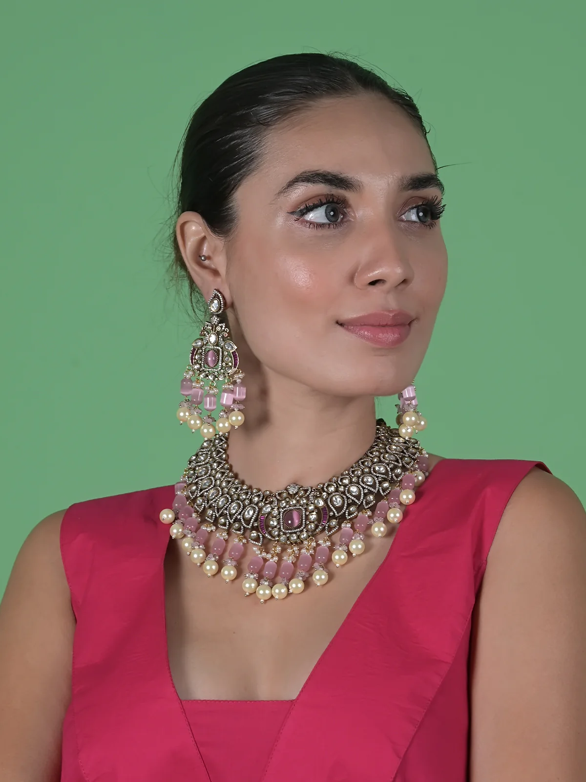 Odette Pink Alloy Jewellery Set For Women - Image 2