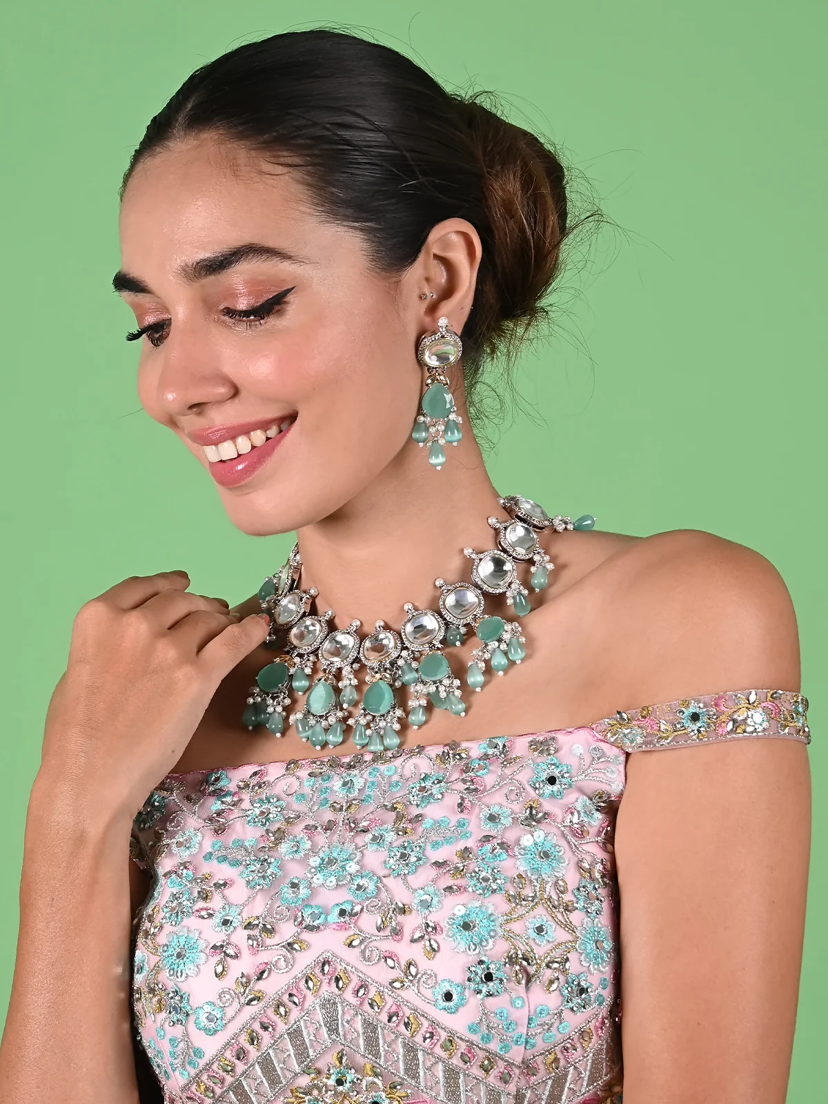 Odette Sea Green And White Alloy Jewellery Set For Women - Image 2