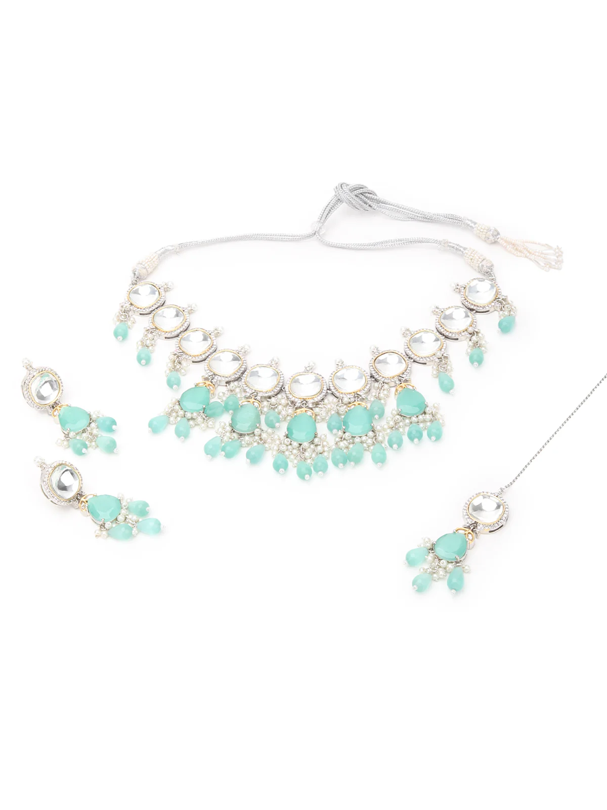 Odette Sea Green And White Alloy Jewellery Set For Women - Image 3