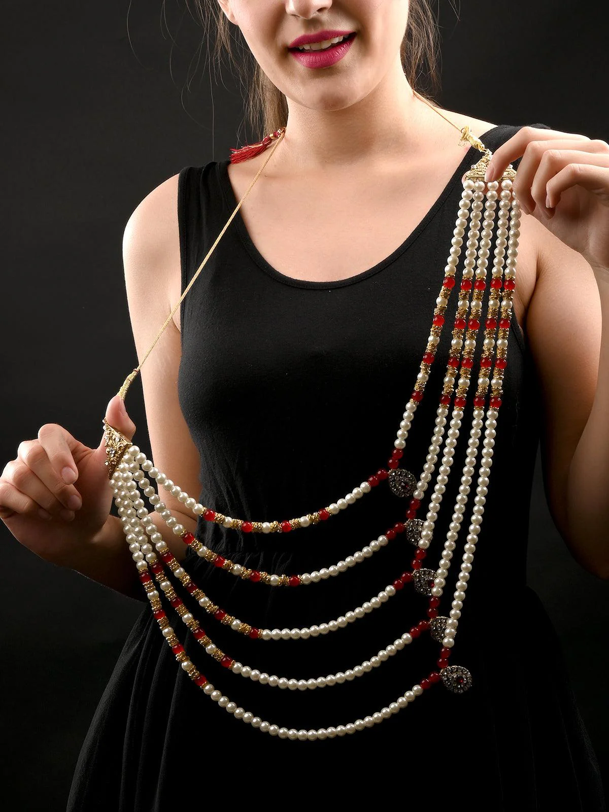 Odette Women Ruby And White Multi Layered Kundan Necklace - Image 2