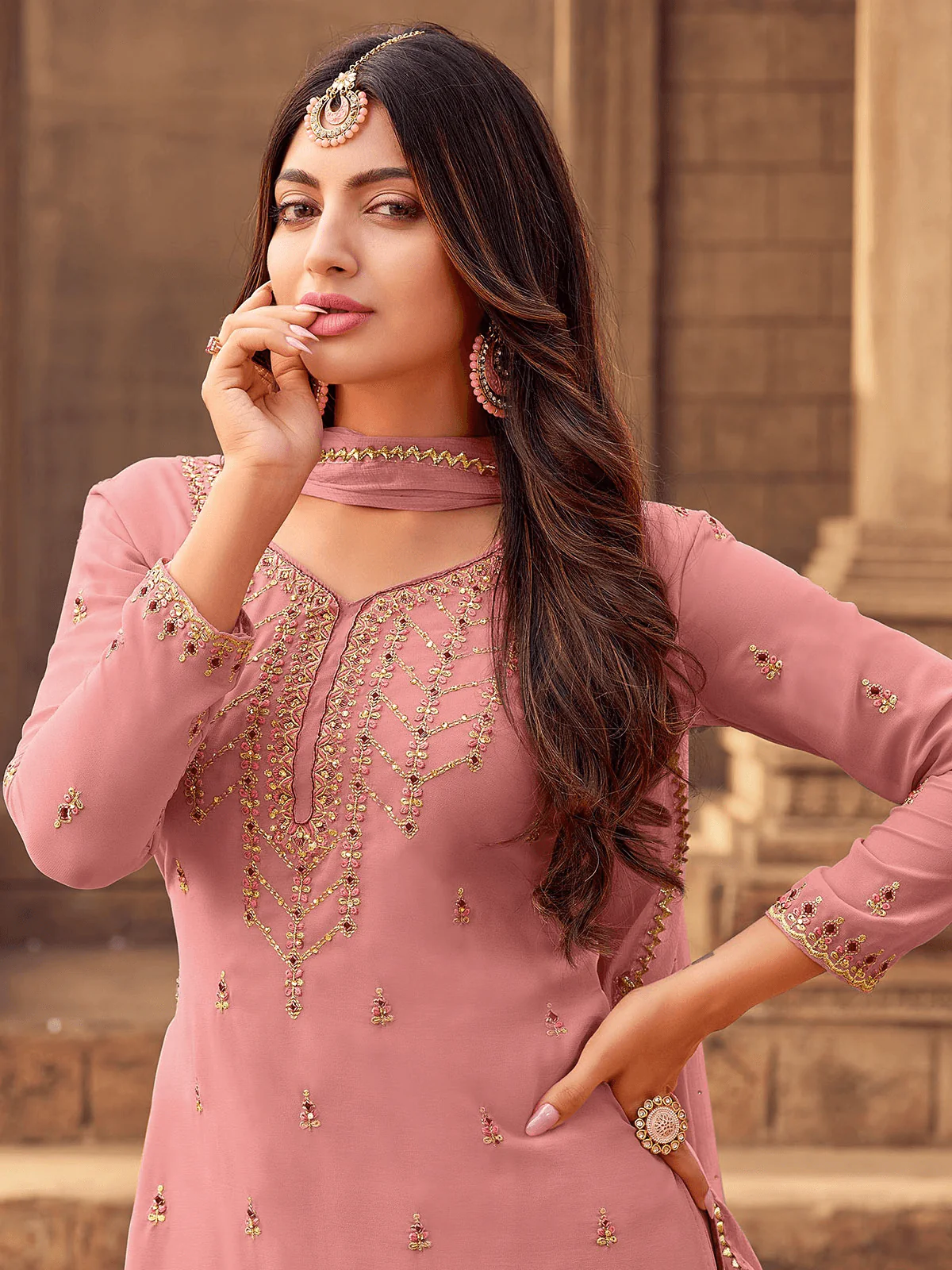 Odette Women Pink Georgette Designer Embroidery Diamond Stone Work Semi Stitched Kurta Set - Image 2
