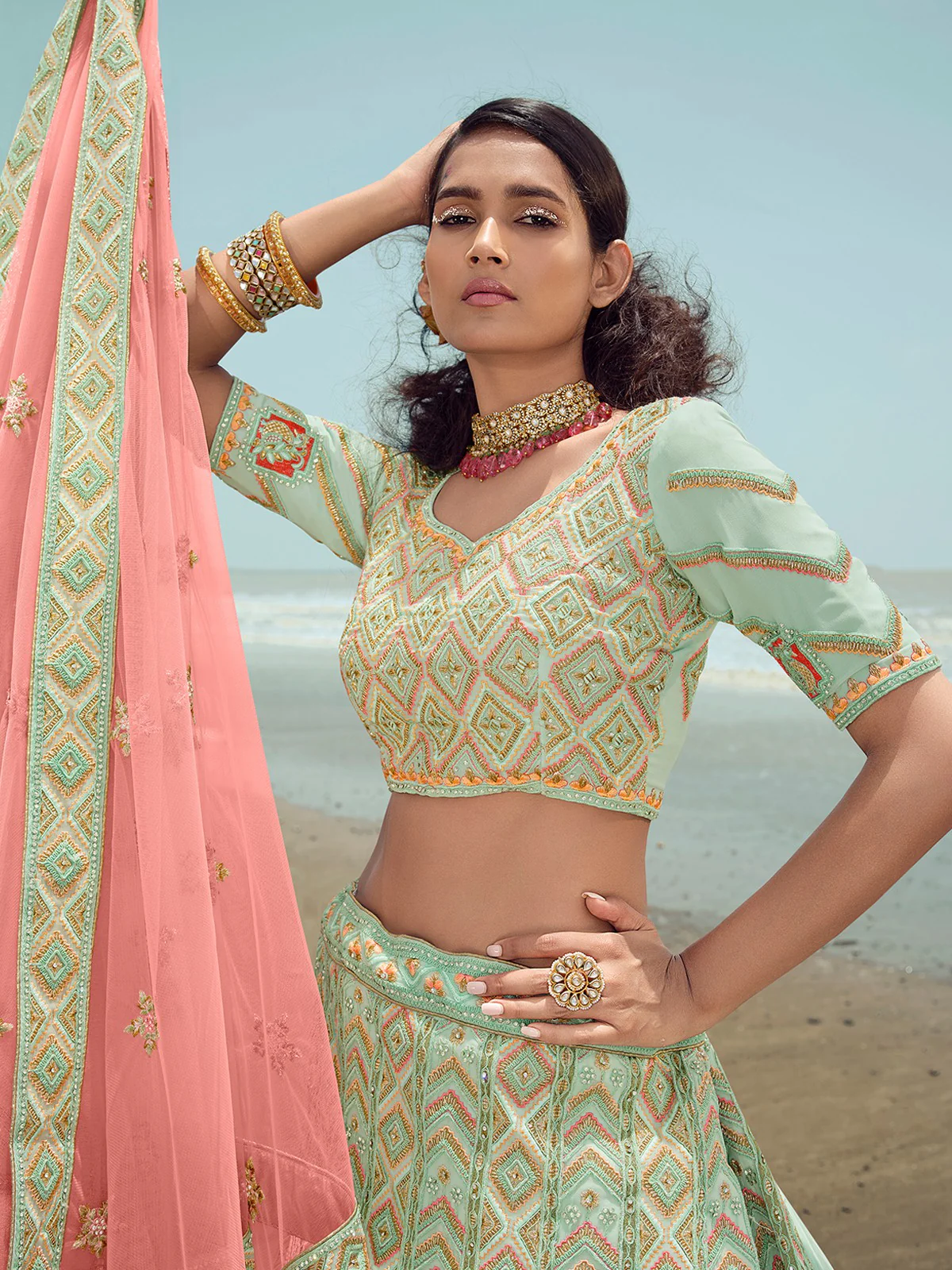 Odette Women Sea Green Georgette Embroidered Semi Stitched Lehenga With Unstitched Blouse - Image 4