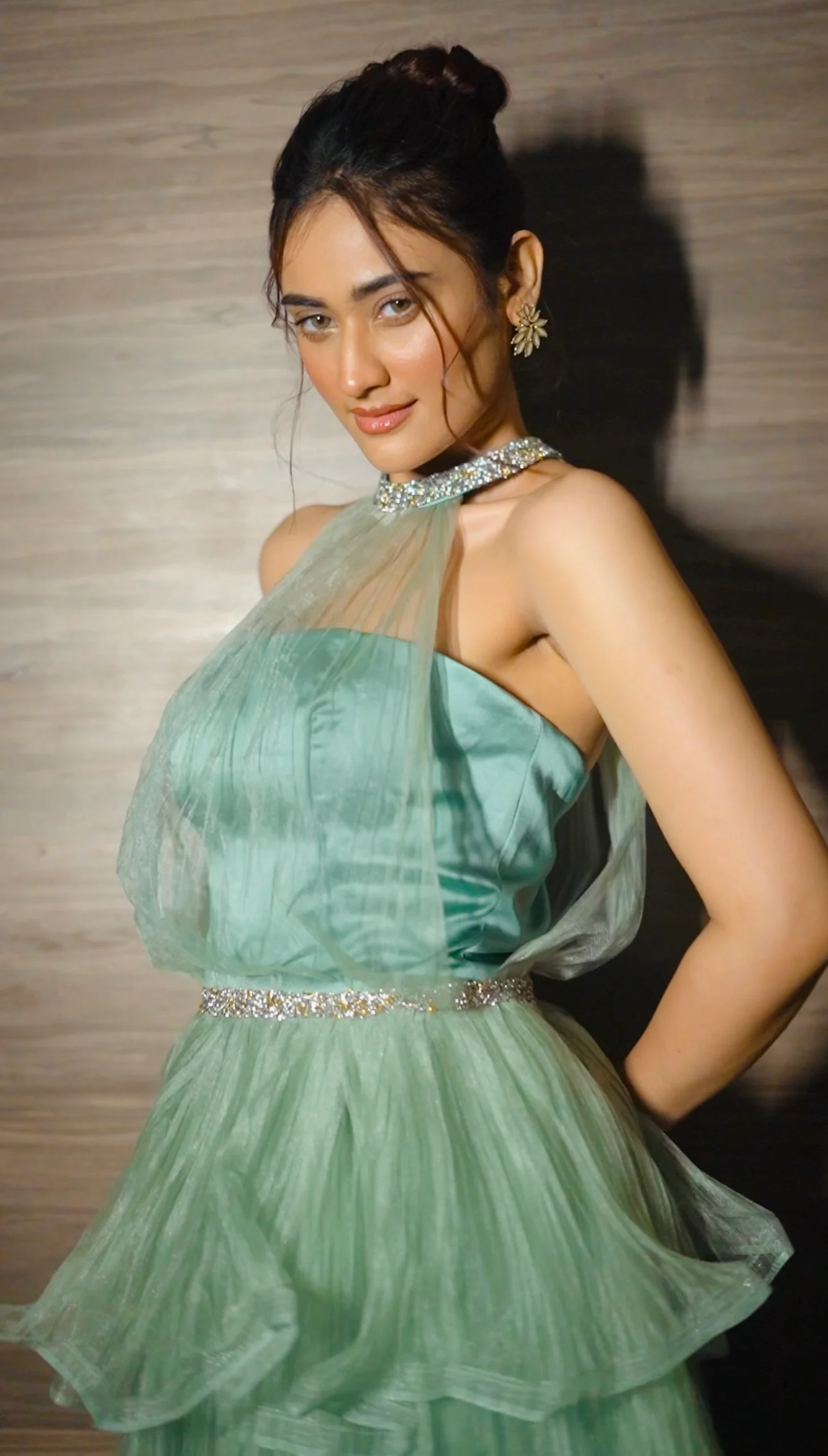 Odette Women Sea Green Embellished Net And Satin Dress - Image 7
