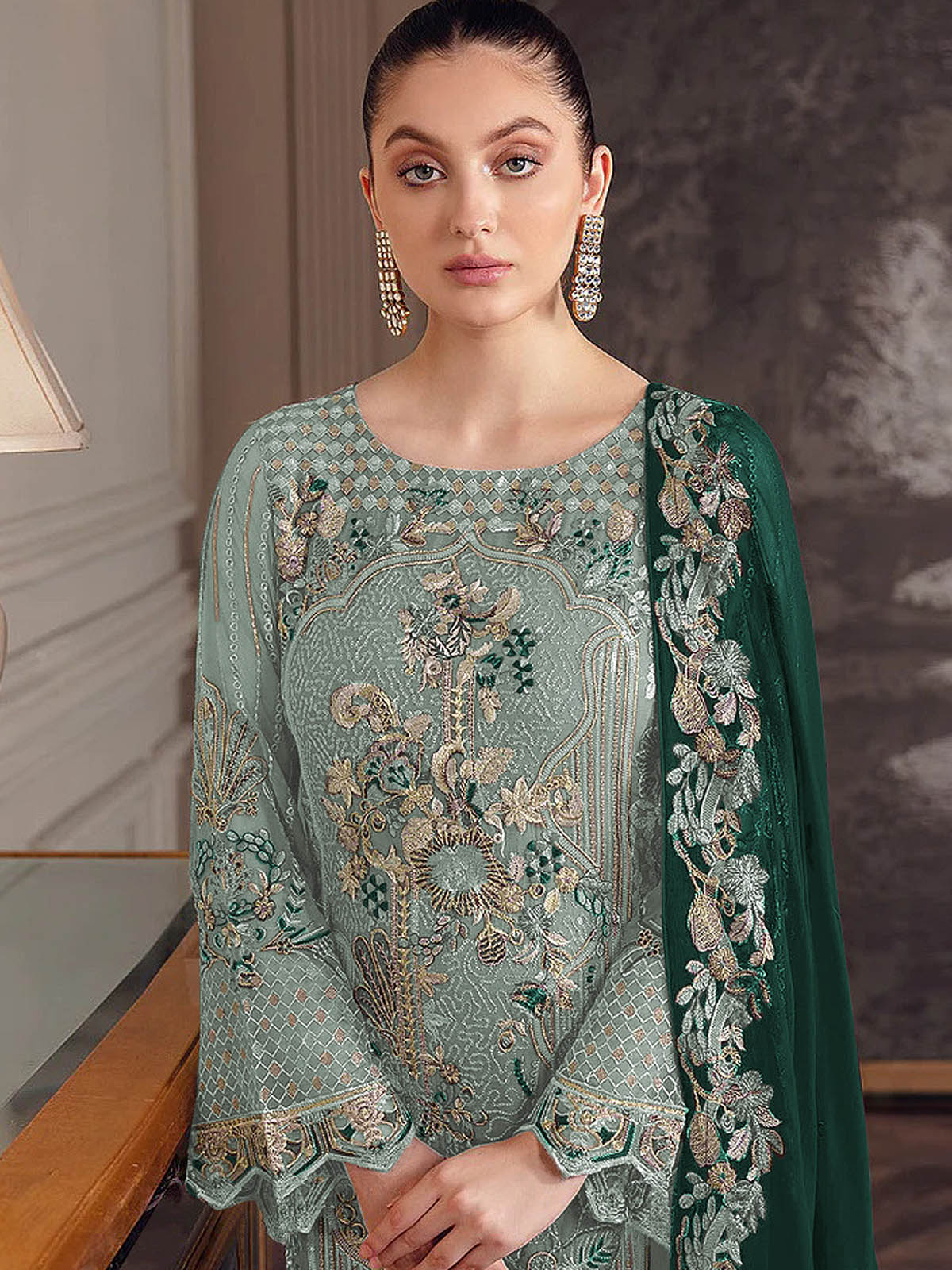 Odette Women Sea Green Embroidered Georgette Semi Stitched Salwar Suit - Image 2