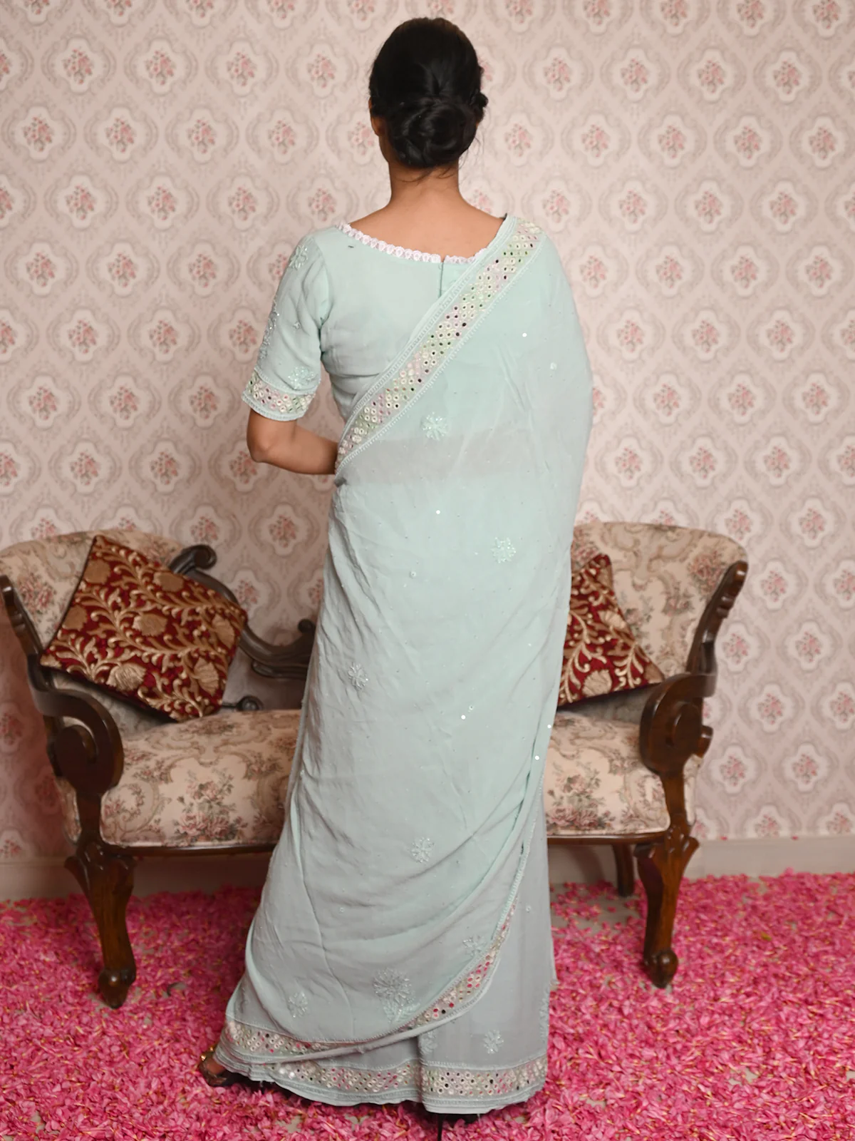 Odette Women Sea Green Georgette Chikankari Beads Embroidered Saree With Unstitched Blouse - Image 3