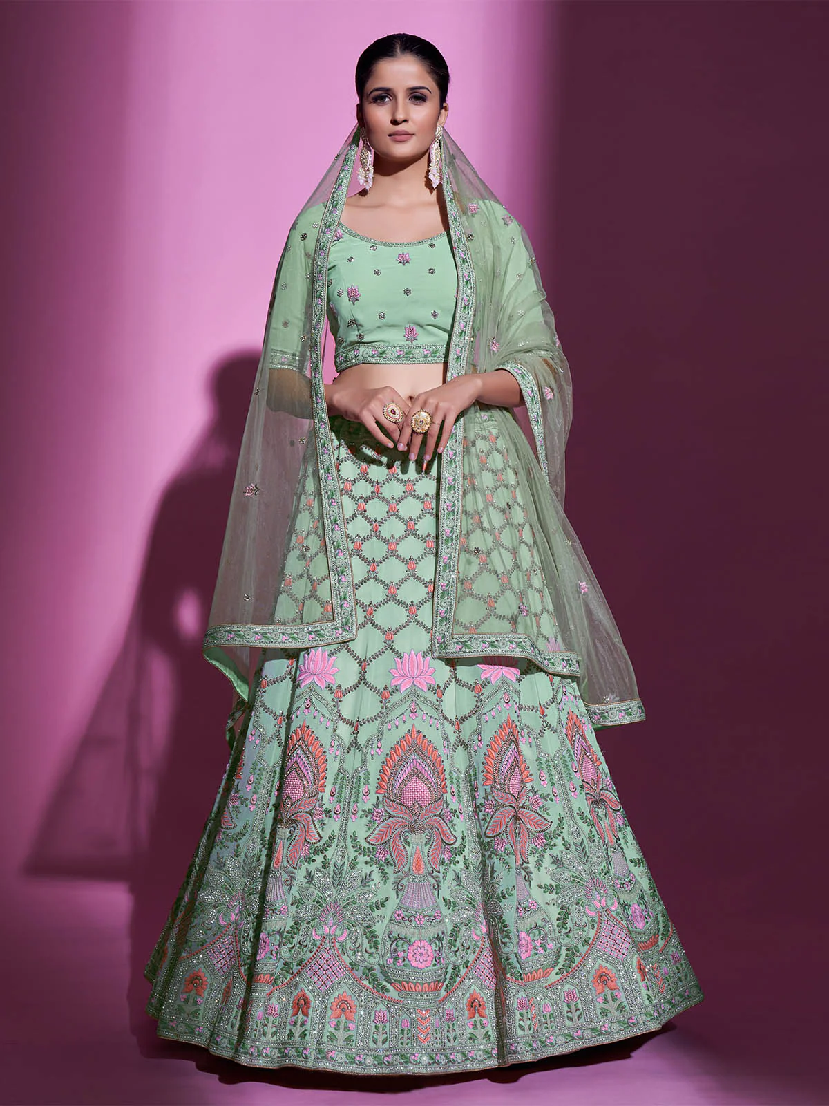 Odette Women Sea Green Georgette Embroidered Semi Stitched Lehenga With Unstitched Blouse - Image 3
