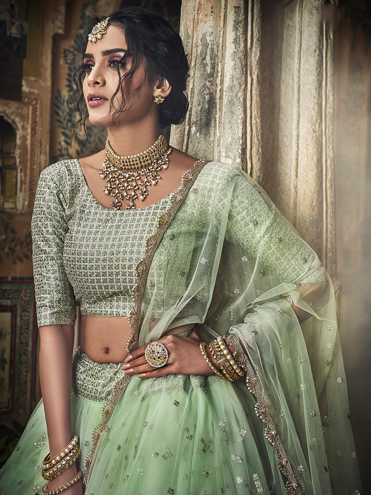 Odette Women Sea Green Sequins, Zari Semi Stitched Lehenga With Unstitched Blouse - Image 4
