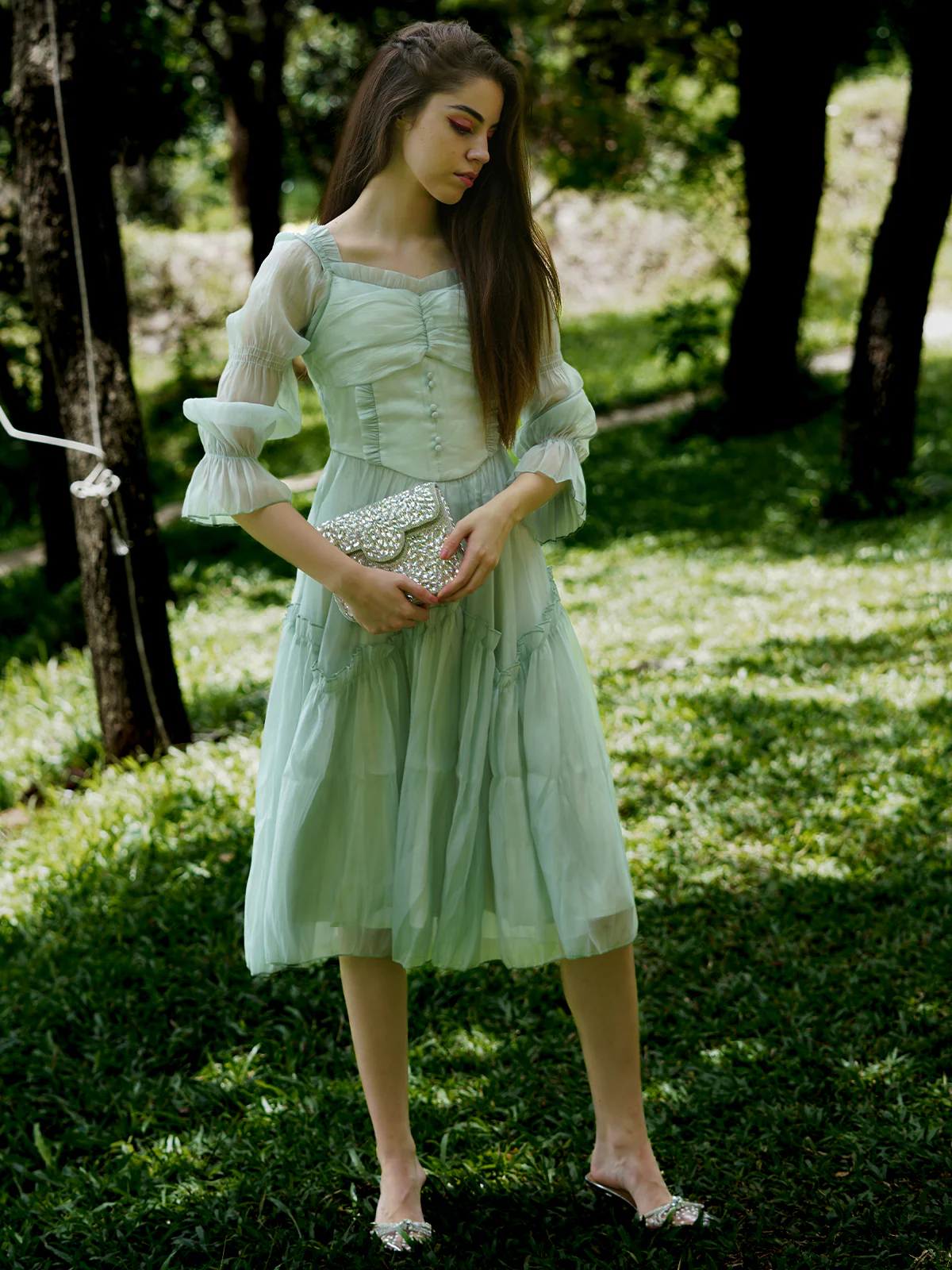Odette Women Sea Green Solid Polyester Voil Stitched Dress - Image 2