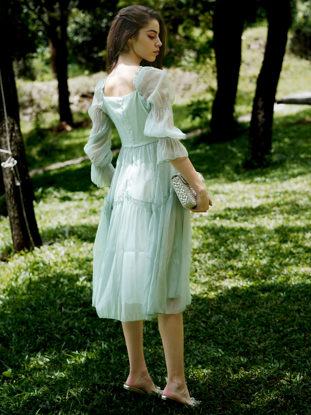 Odette Women Sea Green Solid Polyester Voil Stitched Dress - Image 4