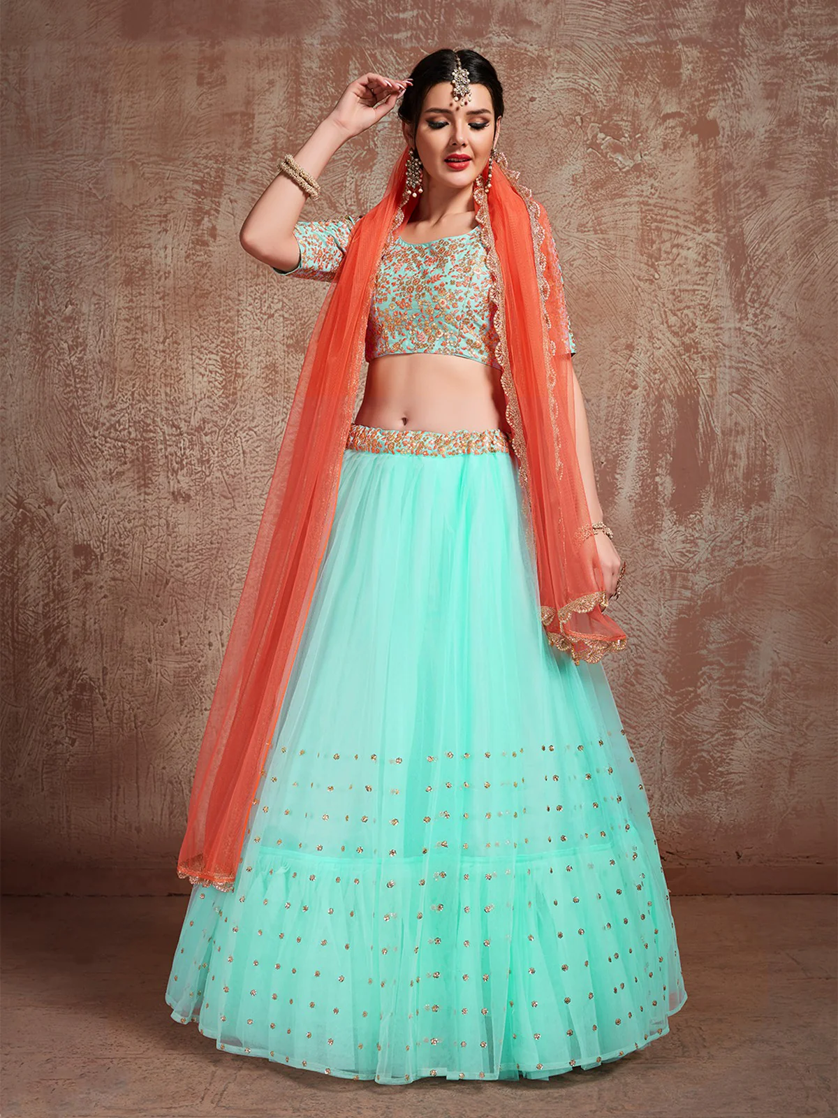 Odette Women Sea Green Stunning Semi Stitched Lehenga With Unstitched Blouse - Image 2
