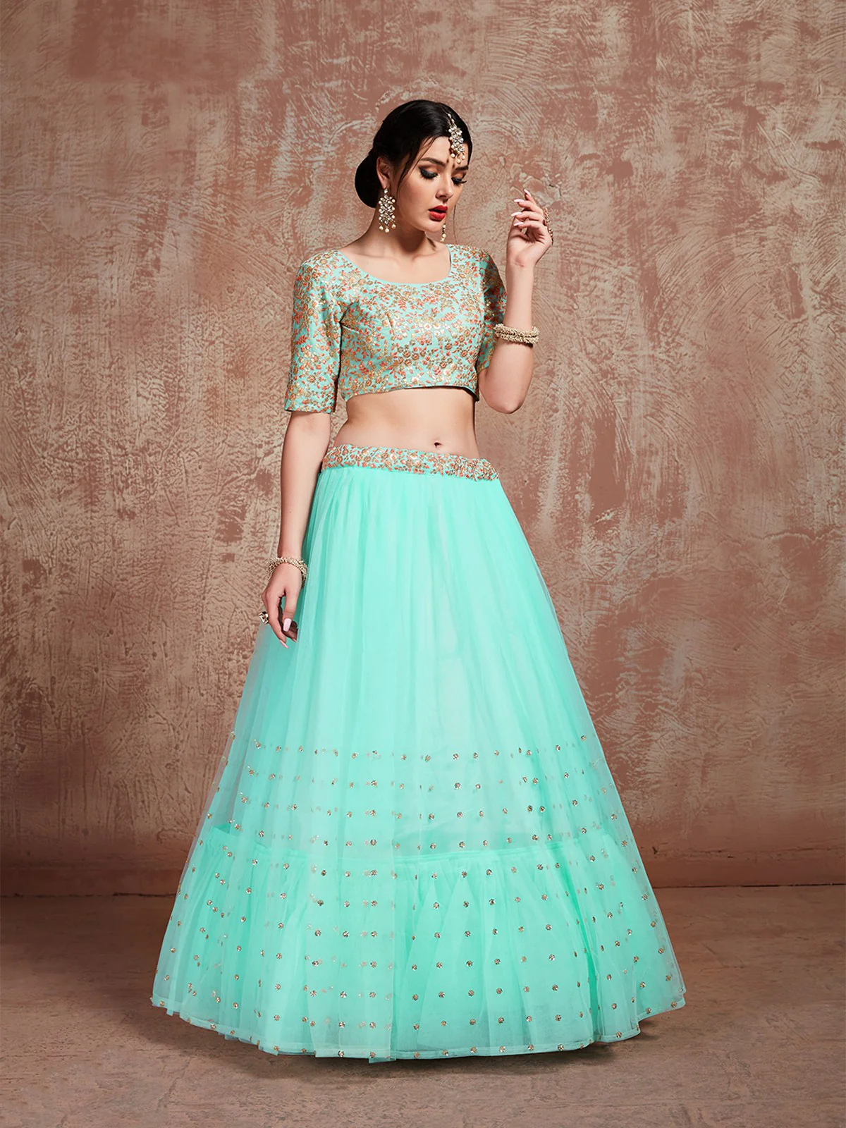 Odette Women Sea Green Stunning Semi Stitched Lehenga With Unstitched Blouse - Image 4
