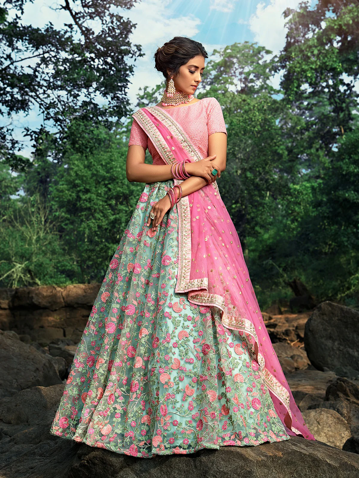 Odette Women Sea Green Stunning Semi Stitched Lehenga With  Unstitched Blouse - Image 2