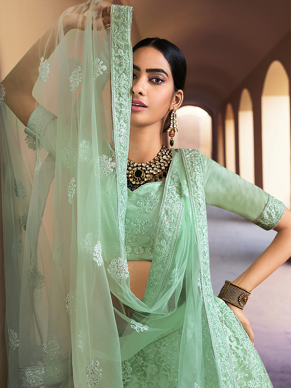 Odette Women Sea Green Stunning Semi Stitched Lehenga With Unstitched Blouse - Image 4