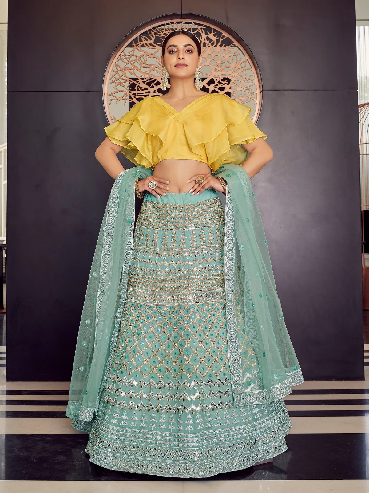Odette Women Sea Green Stunning Semi Stitched Lehenga With  Unstitched Blouse - Image 2