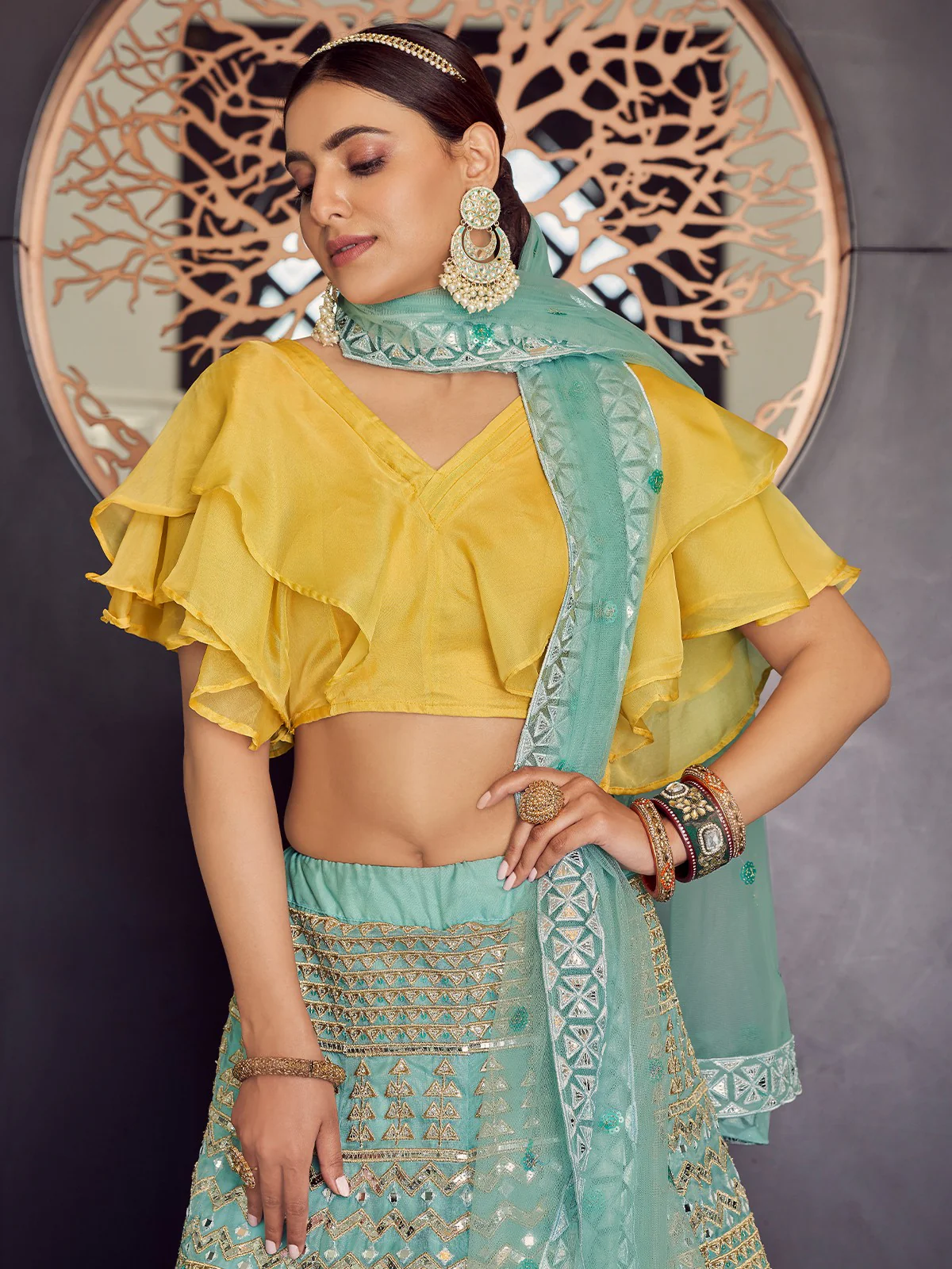 Odette Women Sea Green Stunning Semi Stitched Lehenga With  Unstitched Blouse - Image 3
