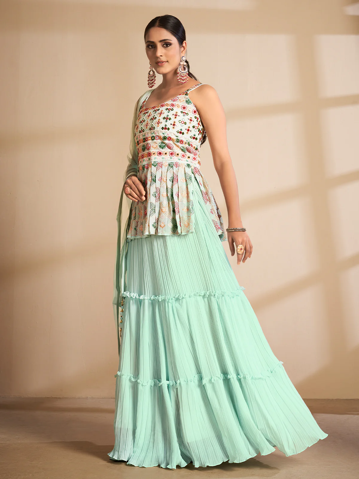 Odette Women Sea Green Embroidered Georgette Semi Stitched Lehenga With Unstitched Blouse - Image 3