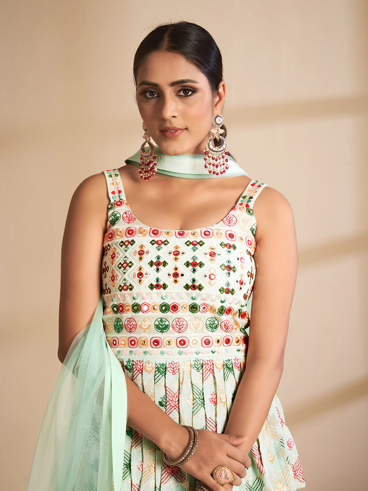 Odette Women Sea Green Embroidered Georgette Semi Stitched Lehenga With Unstitched Blouse - Image 6