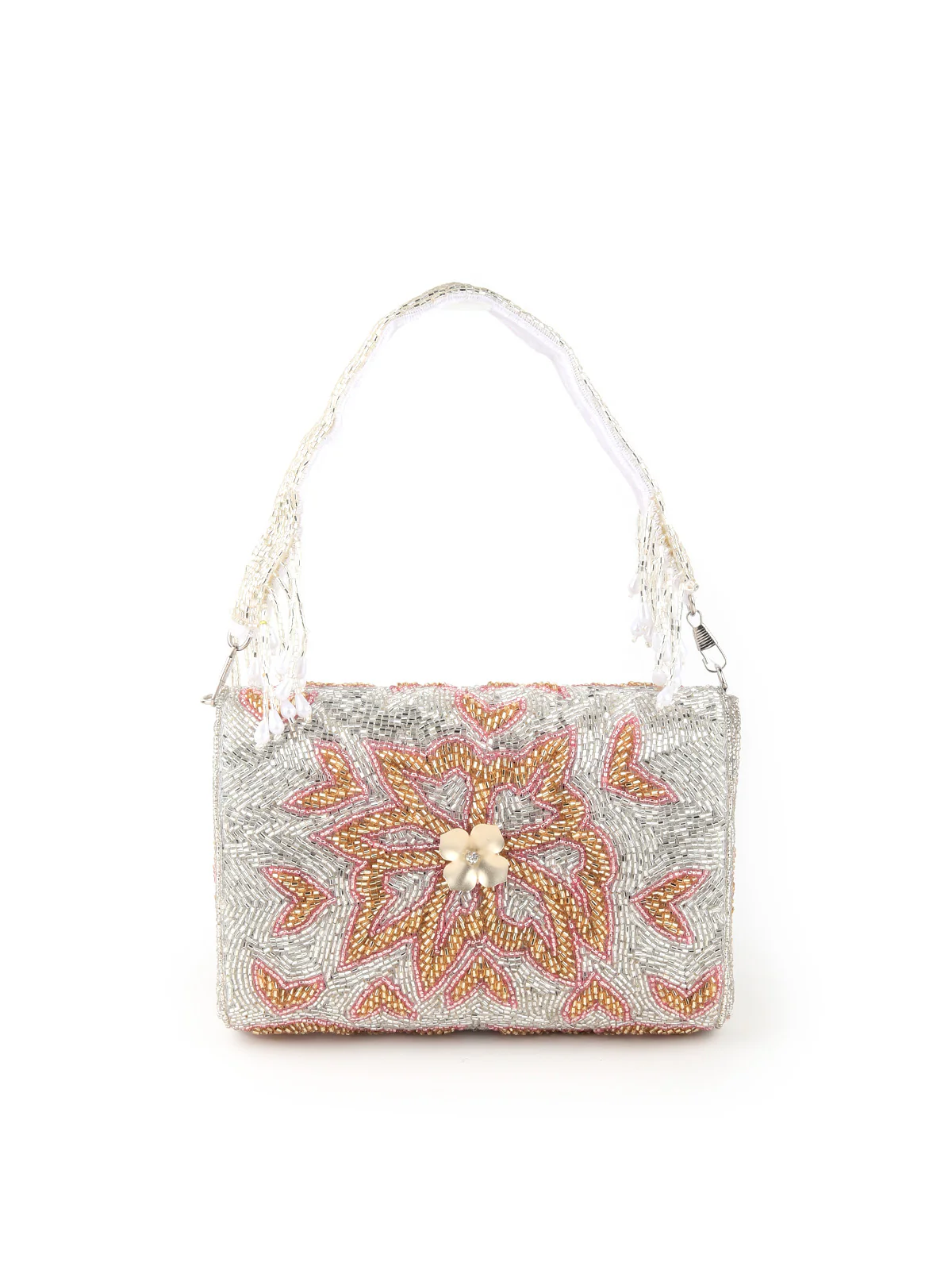 Odette Women Silver Fully Beaded Sequenced Clutch - Image 5