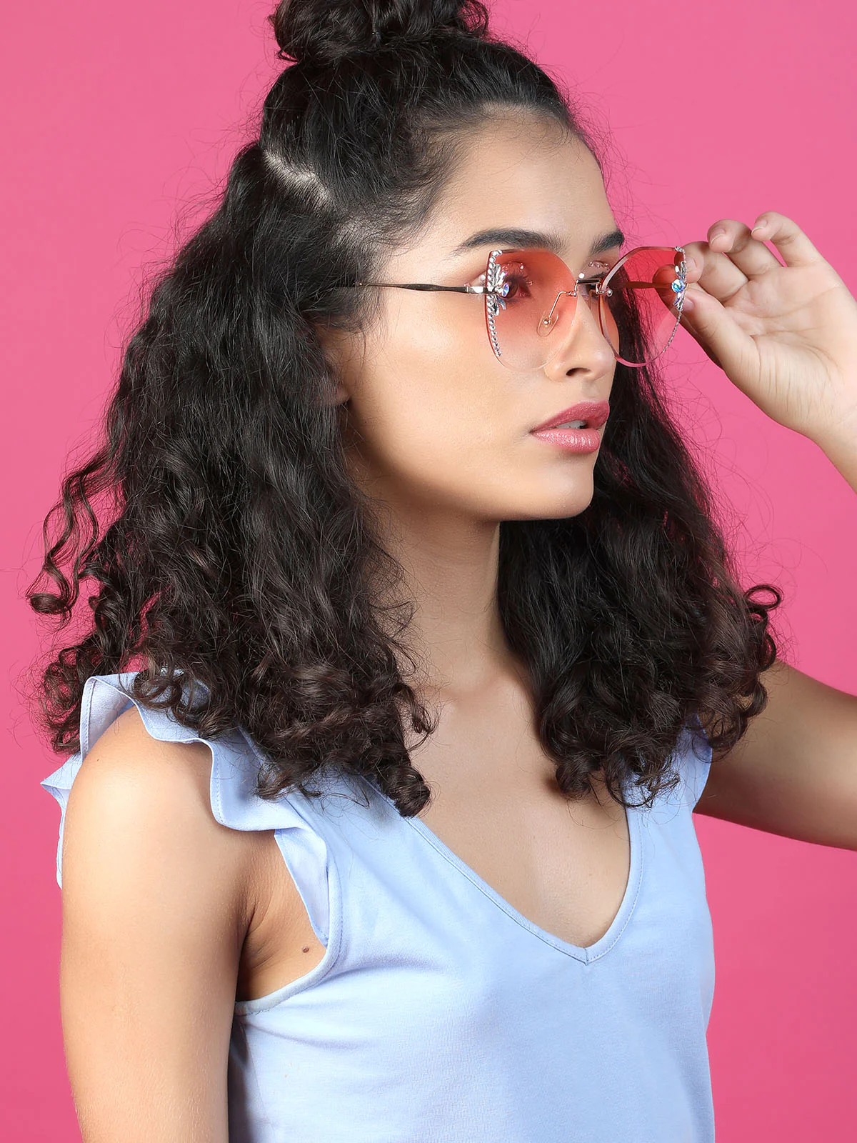 Odette Women Shaded Pink Embellished Sunglasses - Image 2