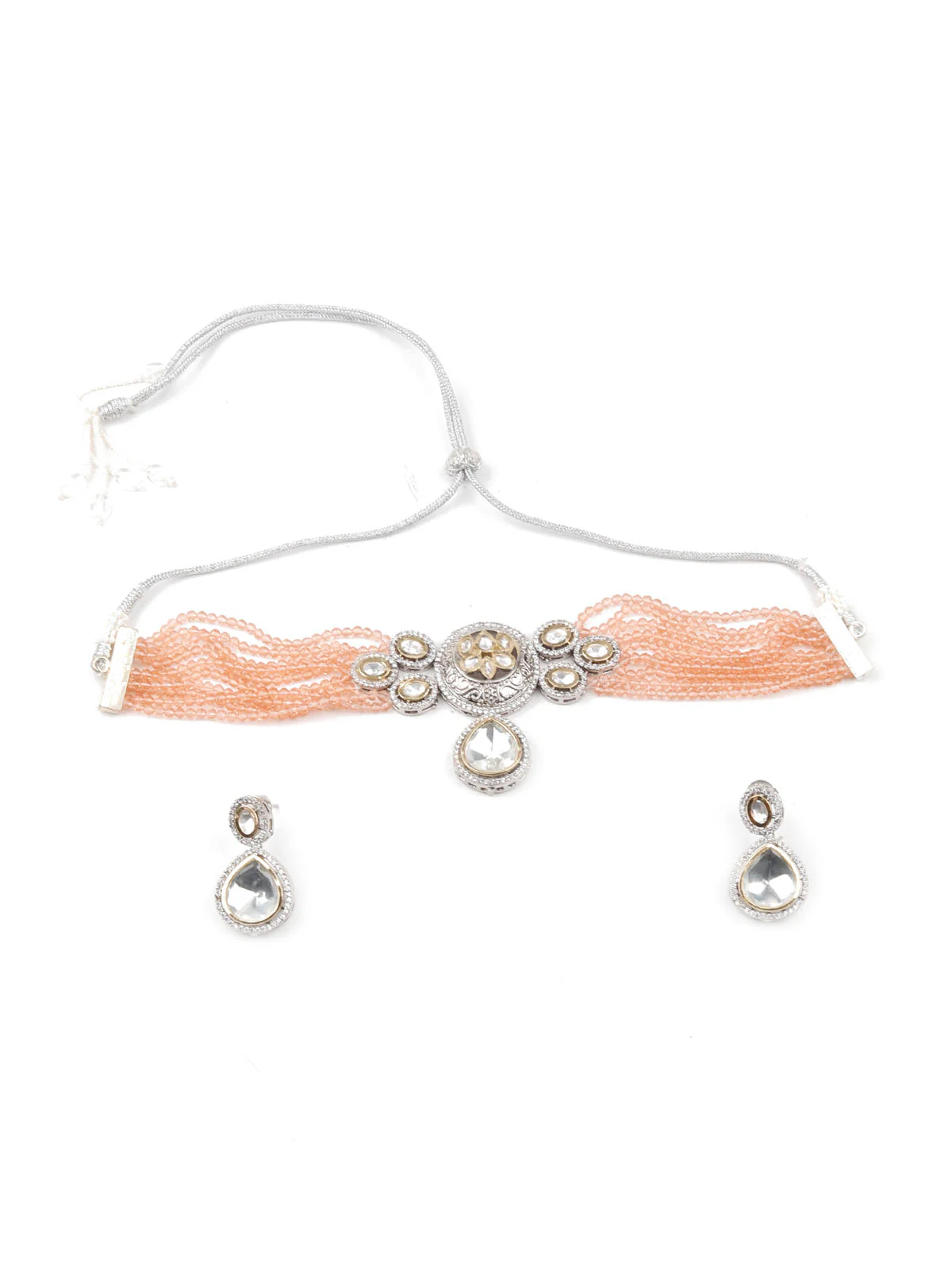 Odette Women Silver And Peach Choker Necklace And Drop Earring Set - Image 3