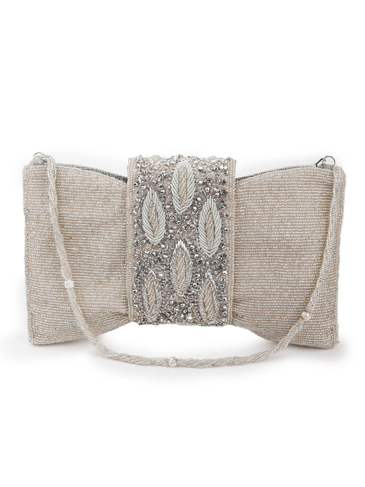 Odette Women Silver Embellished Cutdana Clutch Bag - Image 4