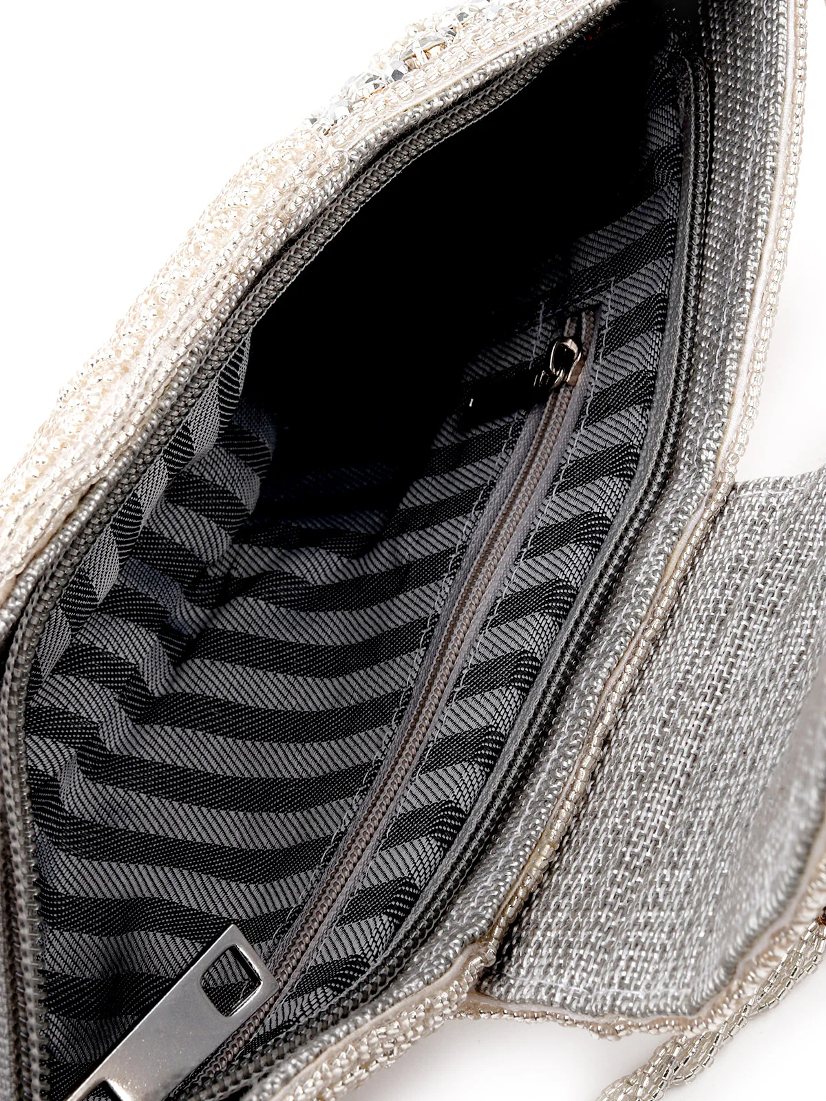 Odette Women Silver Embellished Cutdana Clutch Bag - Image 6
