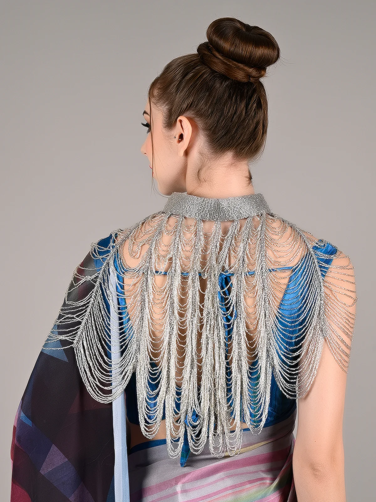 Odette Women Silver Embellished Stunning Beaded Cape - Image 3