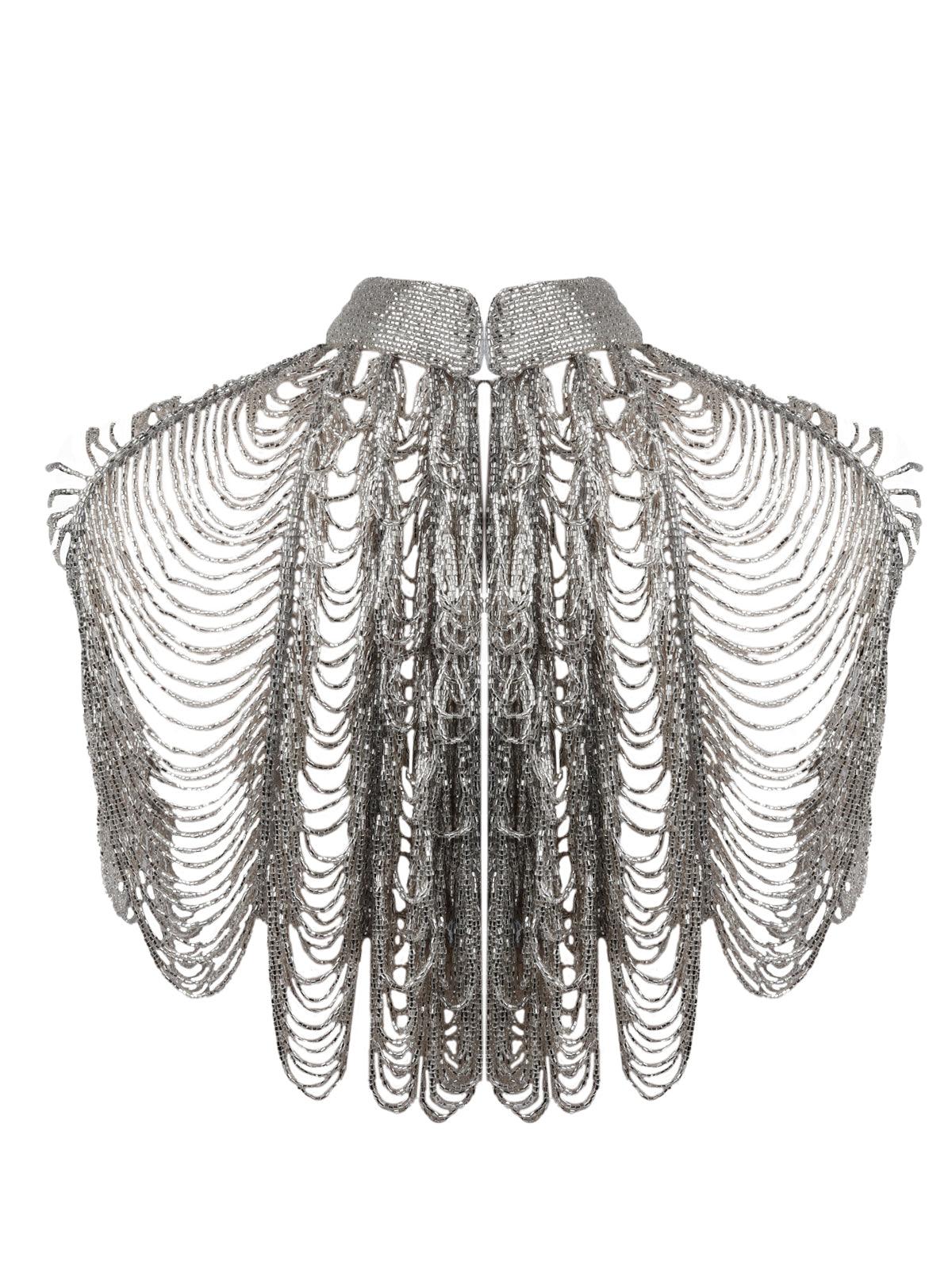 Odette Women Silver Embellished Stunning Beaded Cape - Image 6