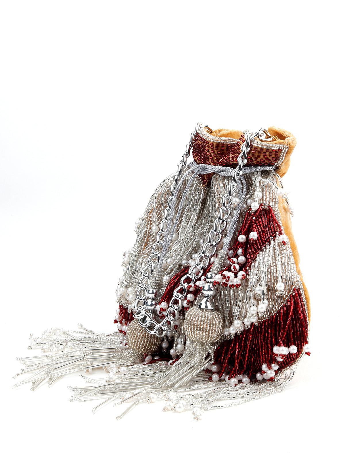 Odette Women Maroon Silver Gorgeous Tassel Potli - Image 4