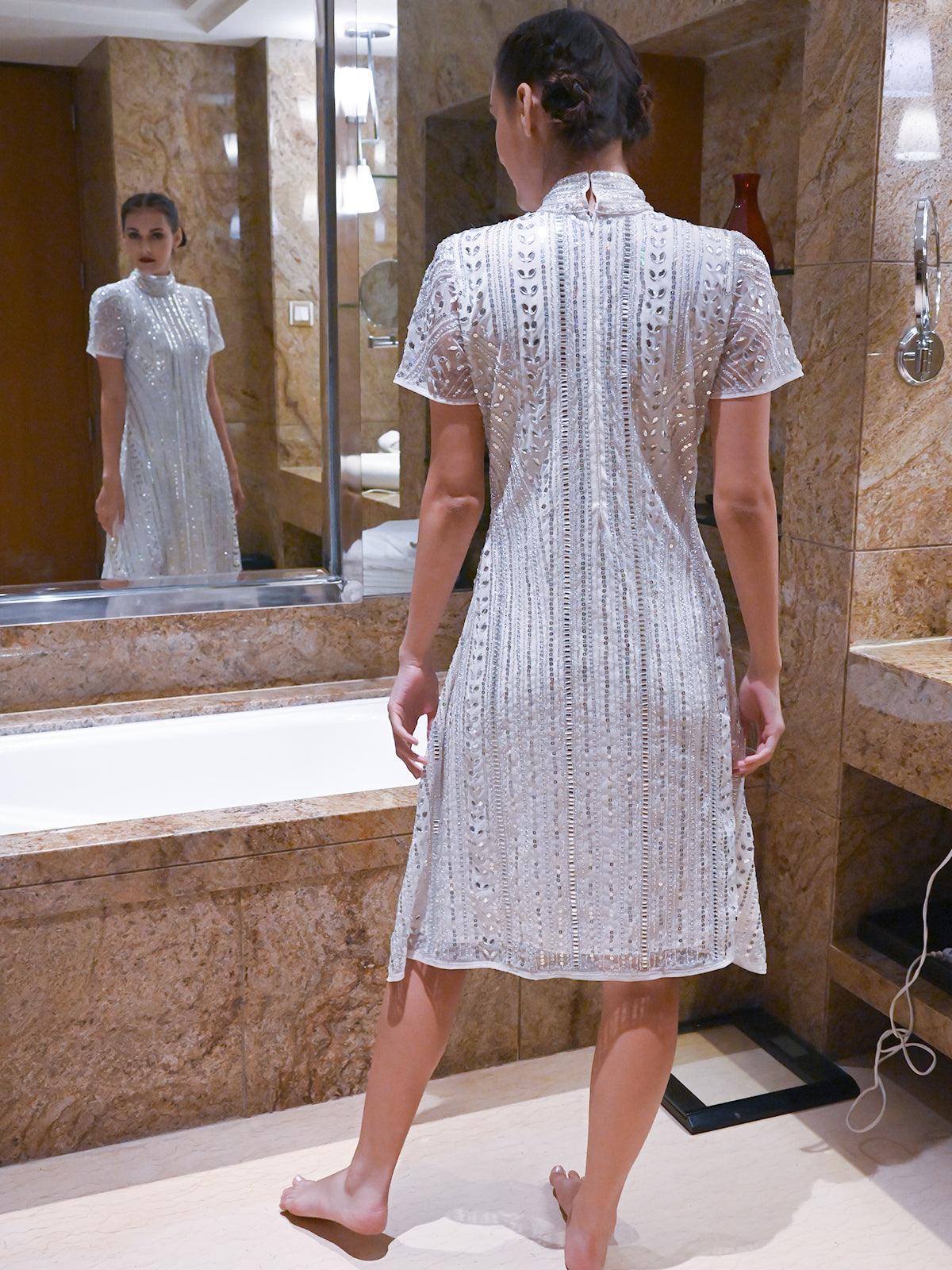 Odette Women Silver Party Stitched Dress - Image 2