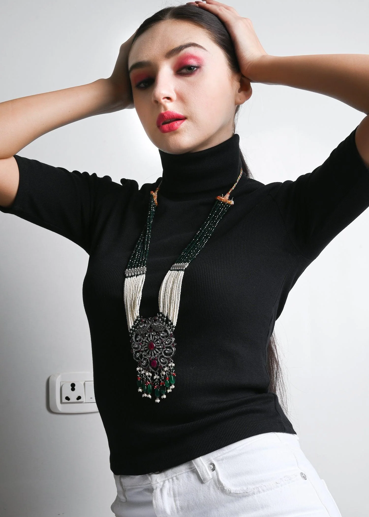 Odette Women Silver Peacock Rani Haar Necklace Set - Image 2