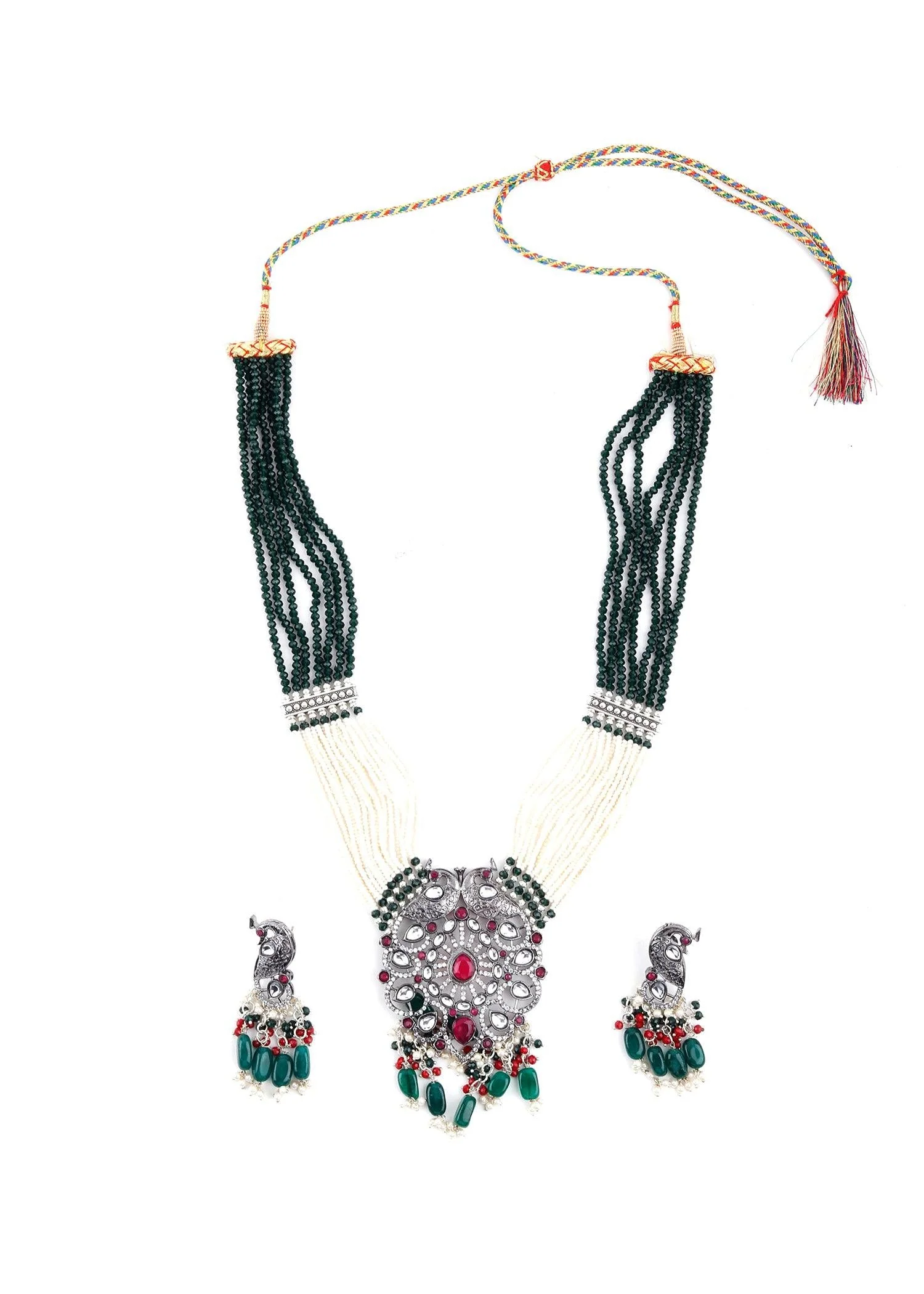 Odette Women Silver Peacock Rani Haar Necklace Set - Image 3